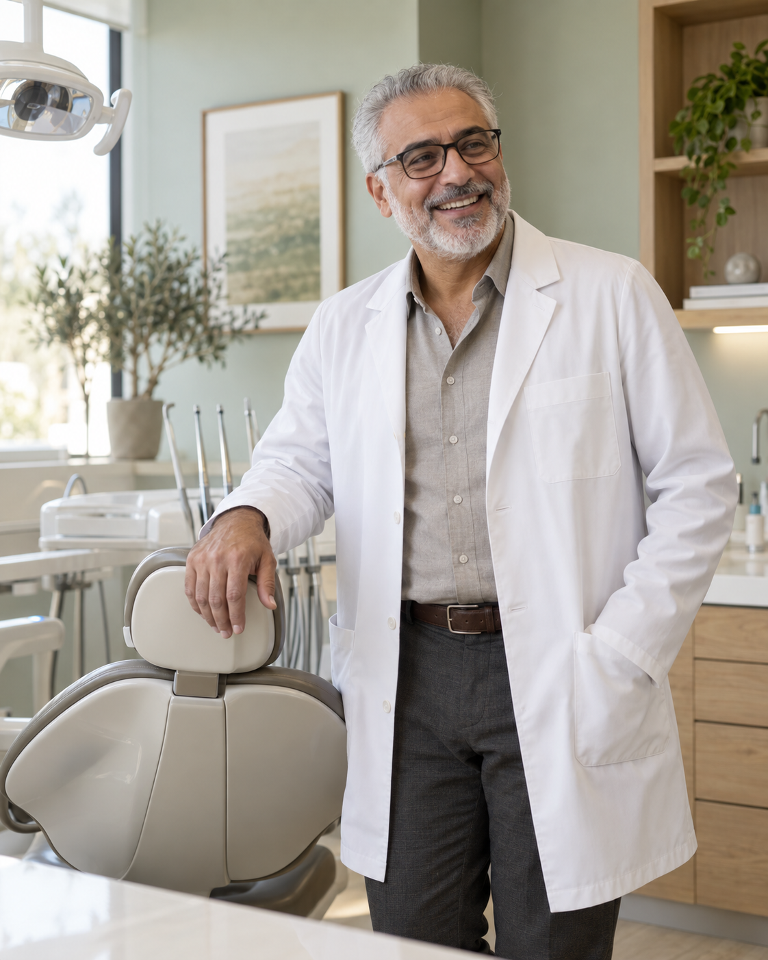 AI-generated illustrative image of a senior male dentist beside a treatment chair