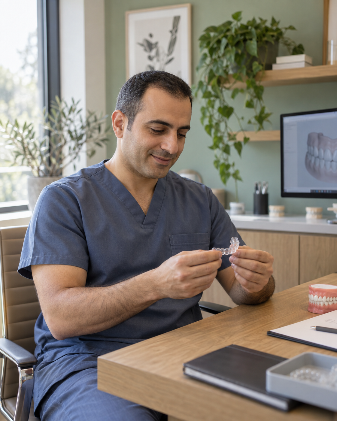 AI-generated illustrative image of a male orthodontist examining a clear aligner at his desk