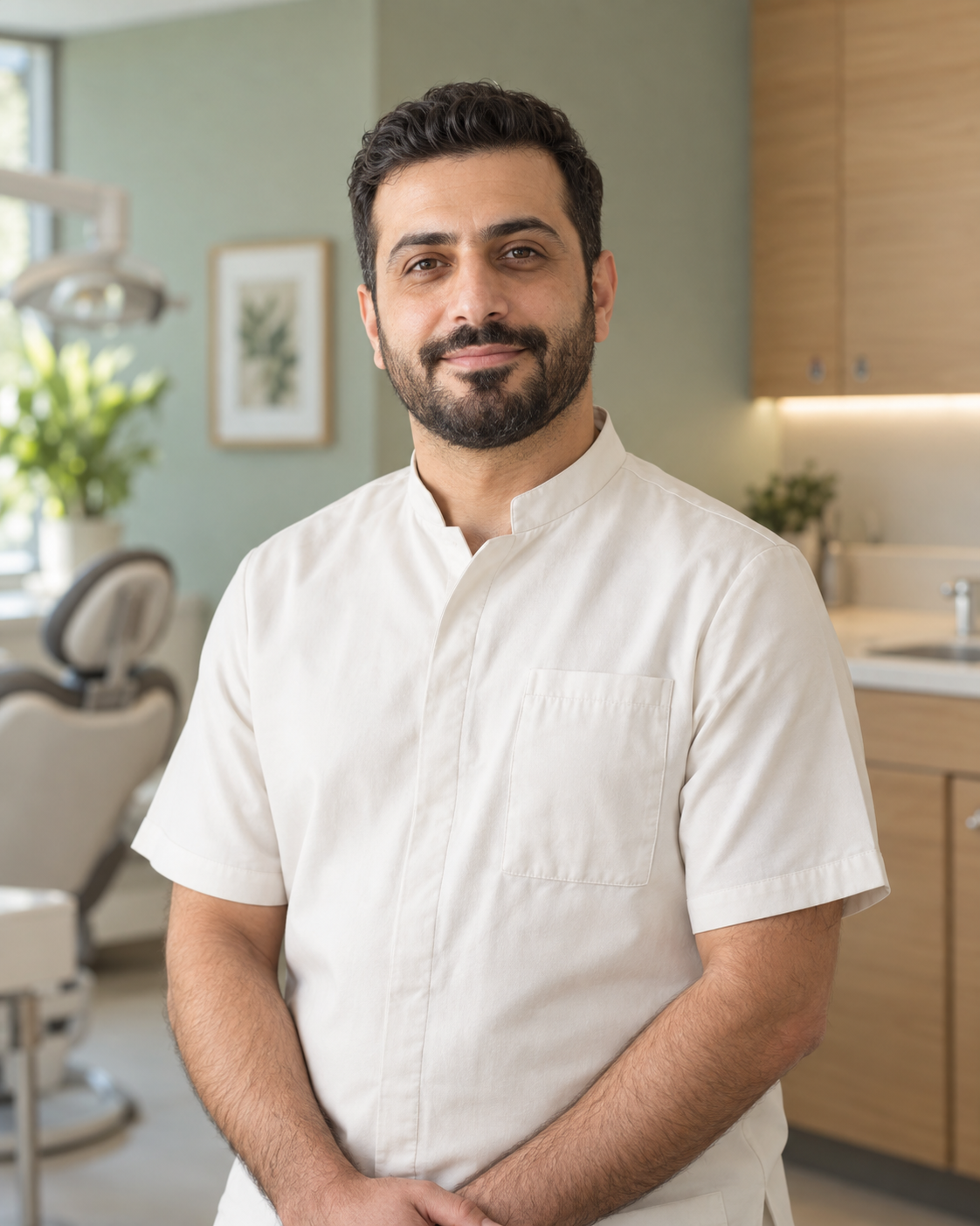 AI-generated illustrative portrait of a male family dentist in cream scrubs