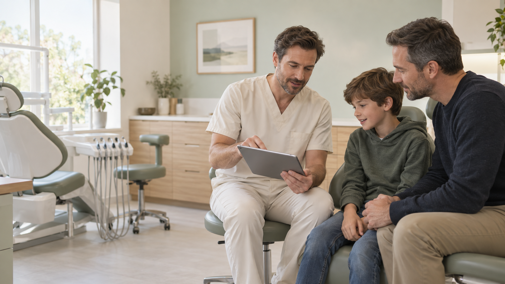 Illustrative scene of a male dentist showing a father and son their visit plan