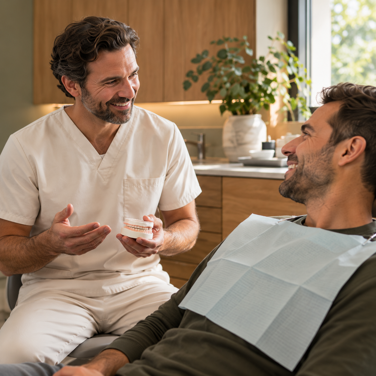 Illustrative dentist listening to a patient’s questions