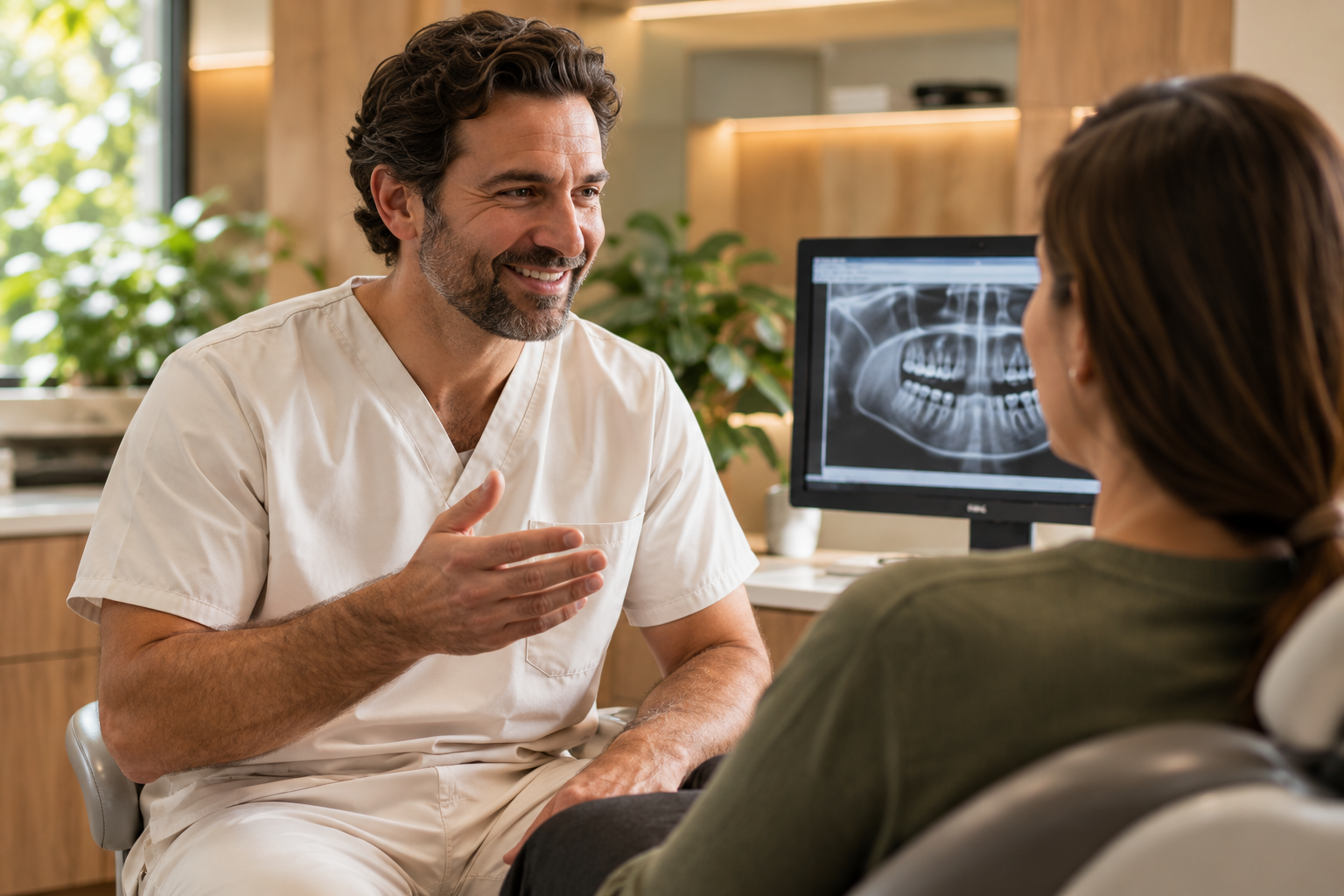 Illustrative dentist discussing a first visit with a patient
