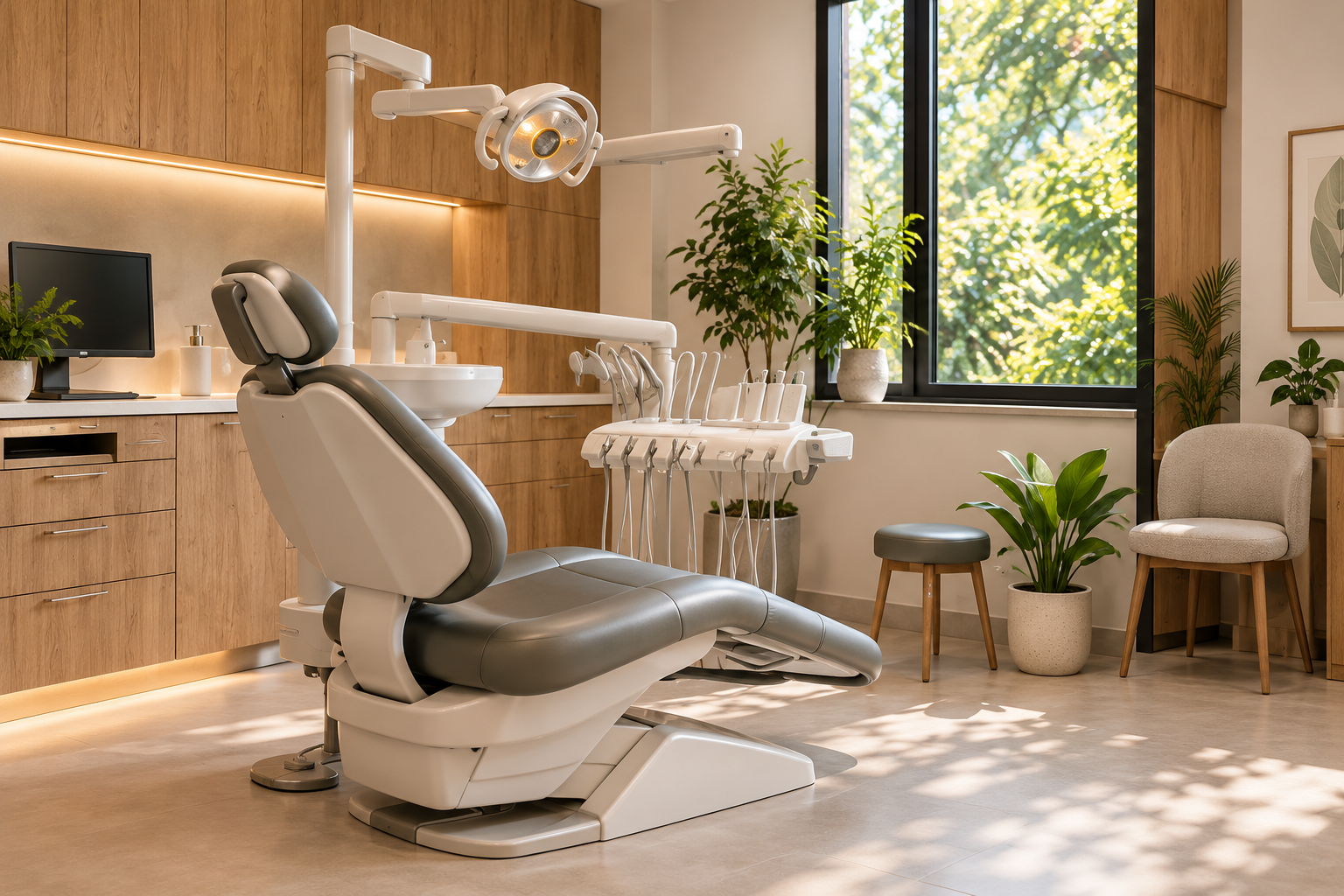 Illustrative sunlit dental treatment room with a sage chair and oak cabinetry