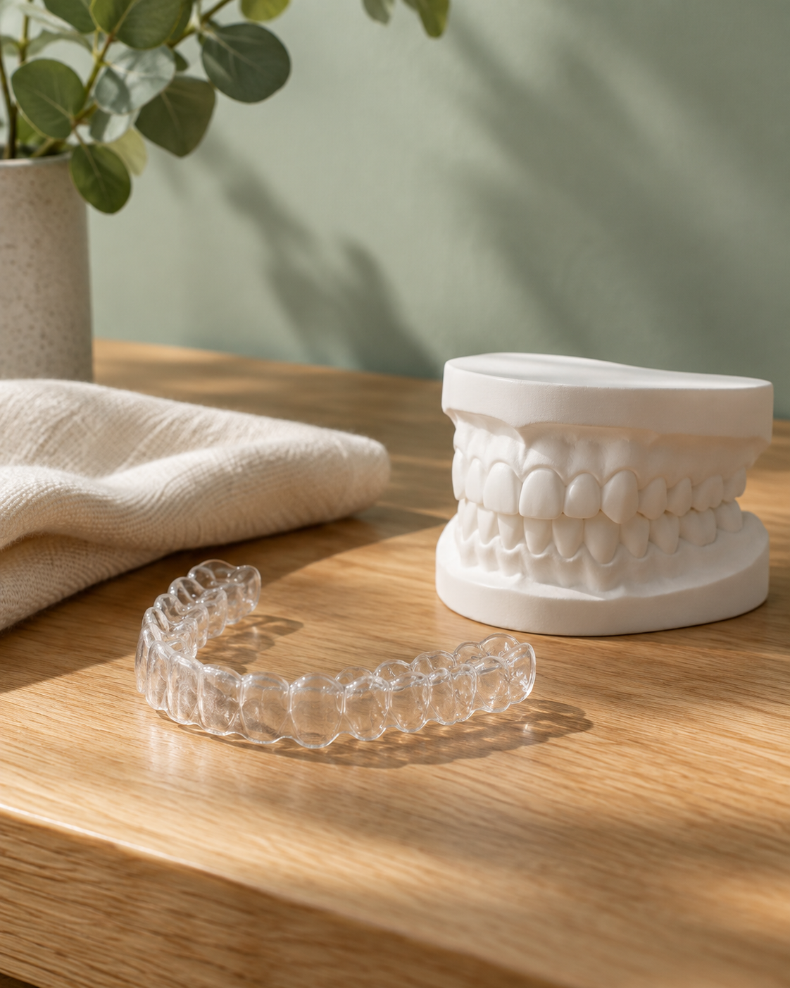 Illustrative still life of a clear aligner beside a dental model on an oak desk