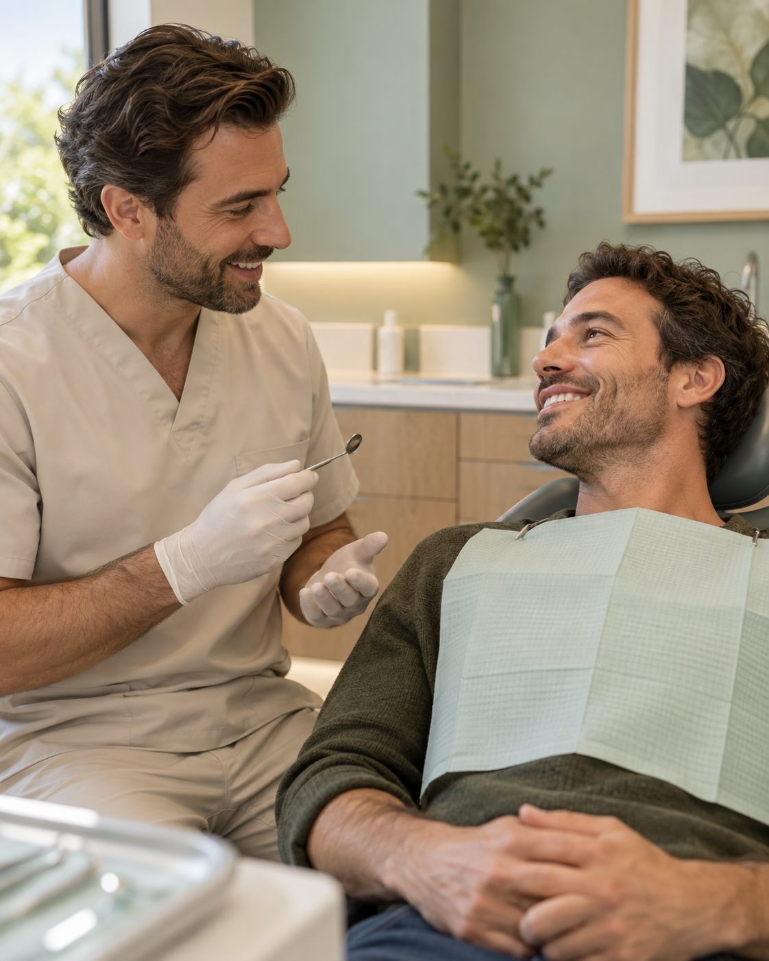Illustrative scene of a male dentist talking with a male patient before a check-up