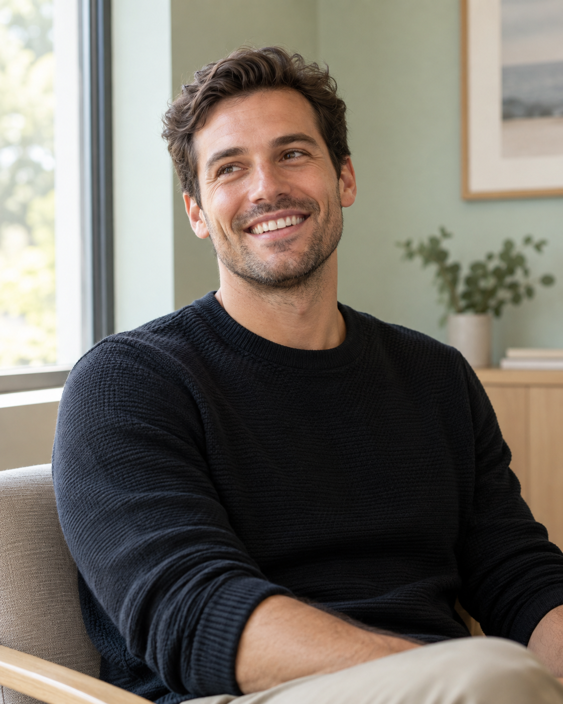 Illustrative portrait of a male patient smiling naturally by a clinic window